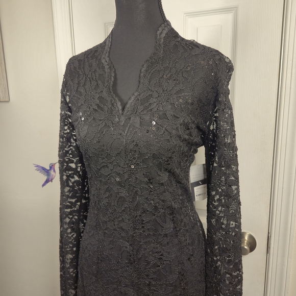 MARINA Black Sequin Lace Long Sleeve Mini Dress Size 12 Cocktail Evening LBD - Picture 6 of 9